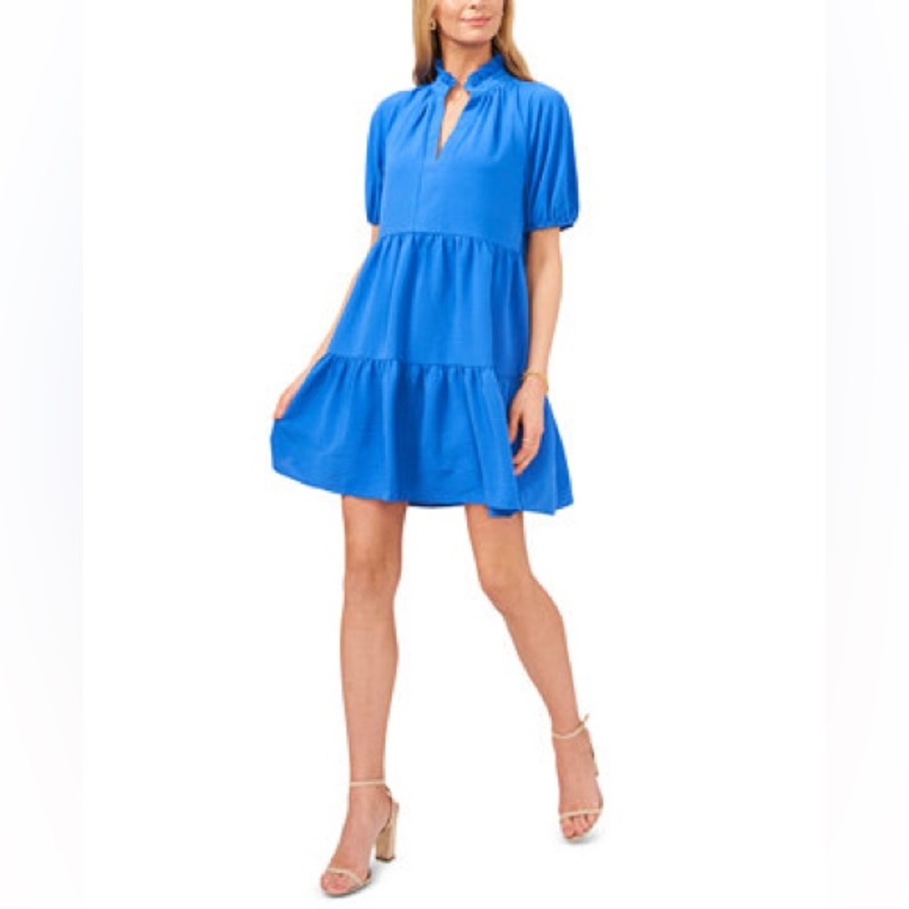 🆕 1. State Tiered Short Sleeve Dress Cobalt Blue Split V-Neck Party Coastal Chic